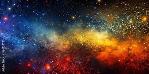 A vibrant nebula shines with a mix of blue, orange, and yellow.