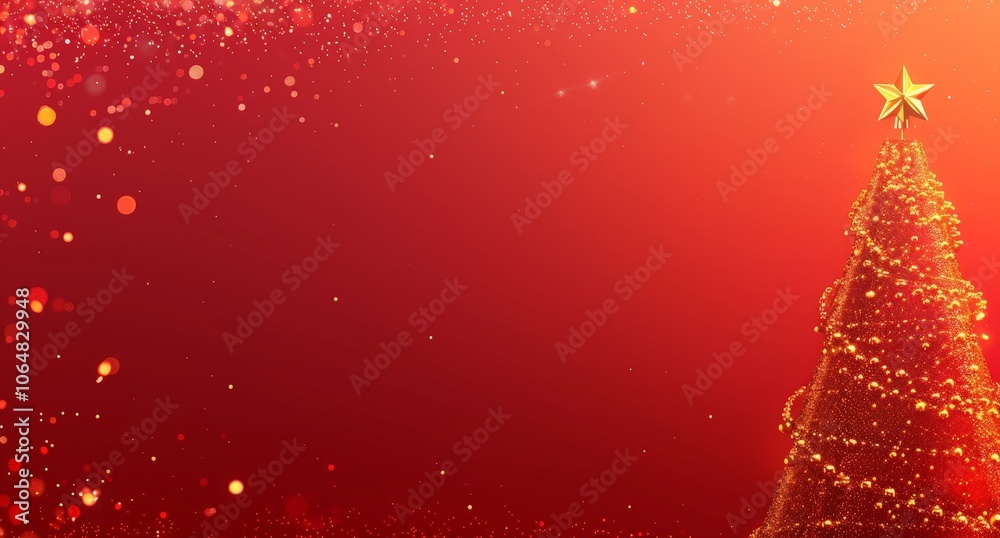 Golden Christmas Tree on Red Background Golden Christmas Tree on Red Background