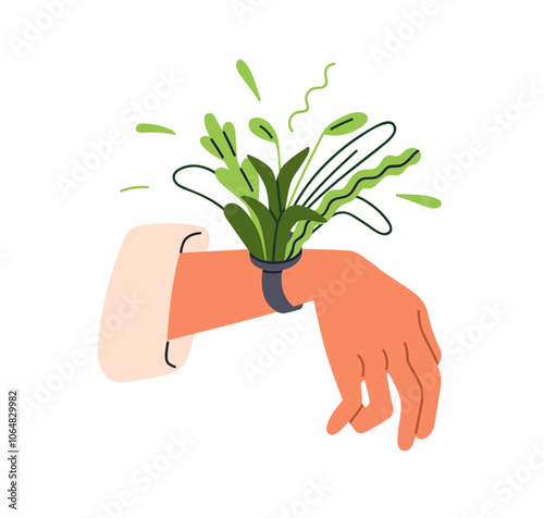 Eco-friendly concept. Hand bracelet from green leaf plants. Harmony with nature, environment, ecology. Organic sustainable accessory. Ecological flat vector illustration isolated on white background