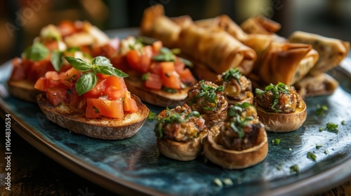 A vibrant platter of assorted appetizers featuring bruschetta topped