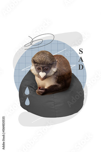 Poster collage sketch weird image of exotic stressed wild animal sitting pouf crying melancholy crisis isolated on drawing grey background photo