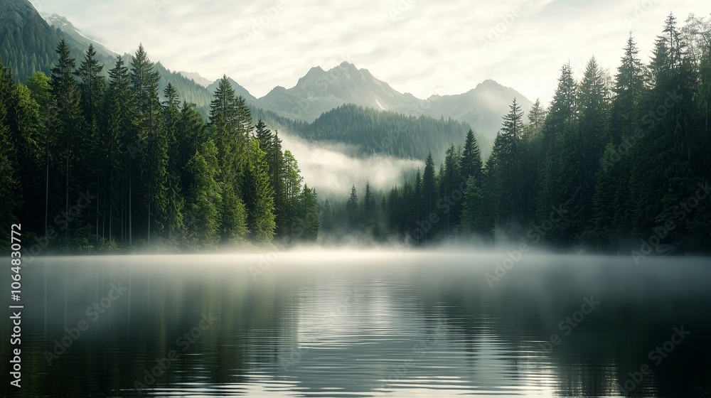Serene Forest Landscape with Misty Mountains Reflection Serene Forest Landscape with Misty Mountains Reflection