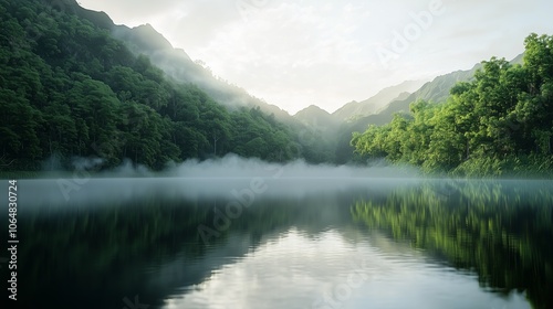 Serene Lake Reflecting Misty Mountains and Greenery