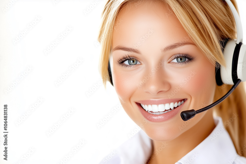A friendly customer service agent with a headset offers support while smiling in a well-lit office atmosphere A friendly customer service agent with a headset offers support while smiling in a well-lit office atmosphere