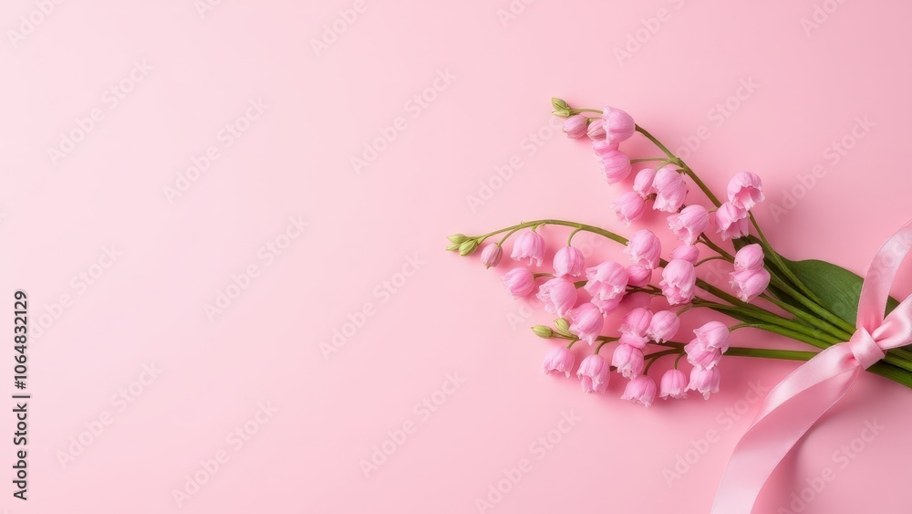 Pink lily of the valley flowers tied with a satin ribbon, creating a sense of pure elegance and grace Pink lily of the valley flowers tied with a satin ribbon, creating a sense of pure elegance and grace