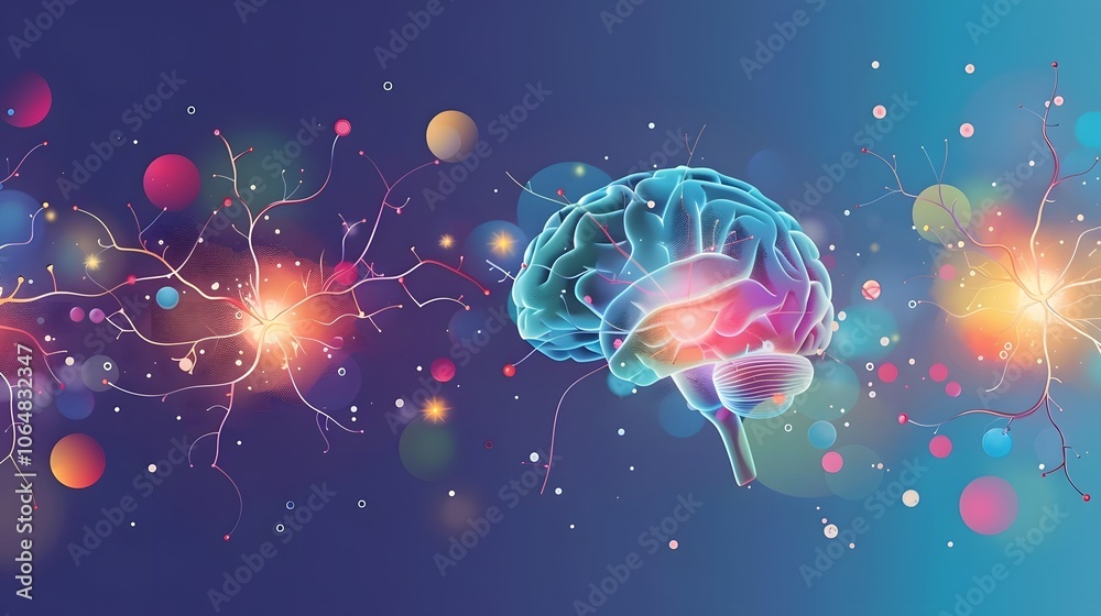 Naklejka premium Abstract digital concept of mental health symbolized by a glowing brain with interconnected neurons. Neuroscience, psychology,well-being, mindfulness, meditation, therapy,energy, power, life, universe