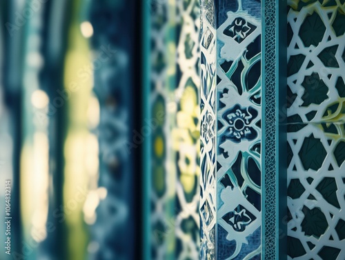 Islamic inspired tiles of green and blue with geometric shapes. photo