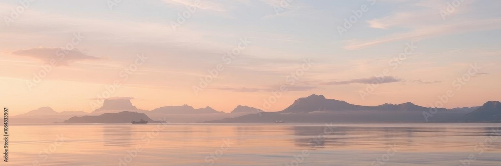 Fototapeta premium water at sunset mountains in the horizon