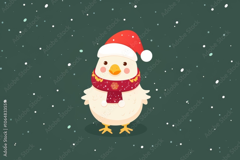 Festive chicken in santa hat amidst snowflakes Festive chicken in santa hat amidst snowflakes