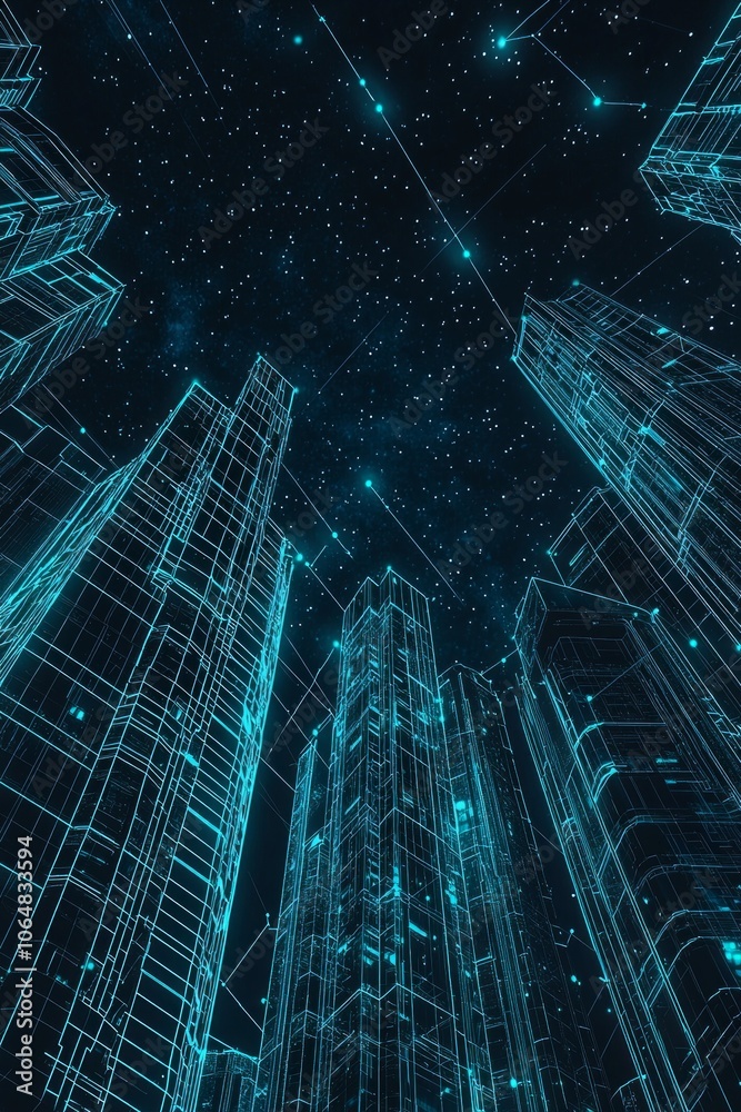 A low-poly buildings under the stars, with each illuminated by glowing blue energy lines. The background is dark and starry, creating an otherworldly atmosphere.