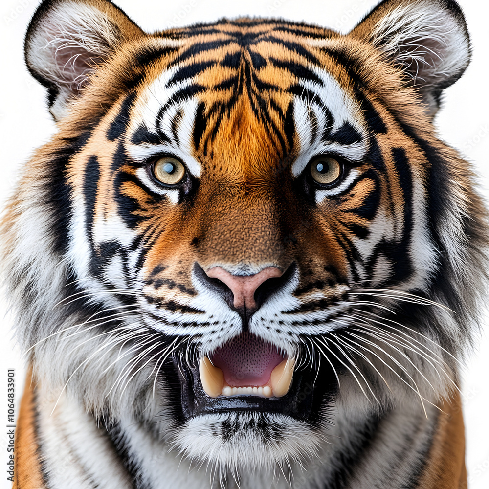 Obraz premium Fierce Tiger Isolated on White Background Showcasing Its Power and Majesty. Powerful and Majestic Predator in the Wild Jungle or Savanna Ecosystem.