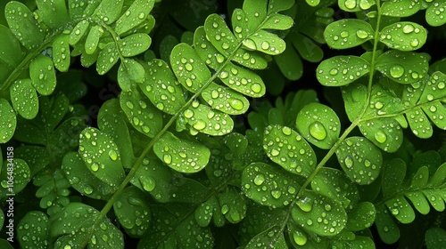 A close-up photo shows raindrops resting on the leaves of a water fern, also known as water velvet. photo