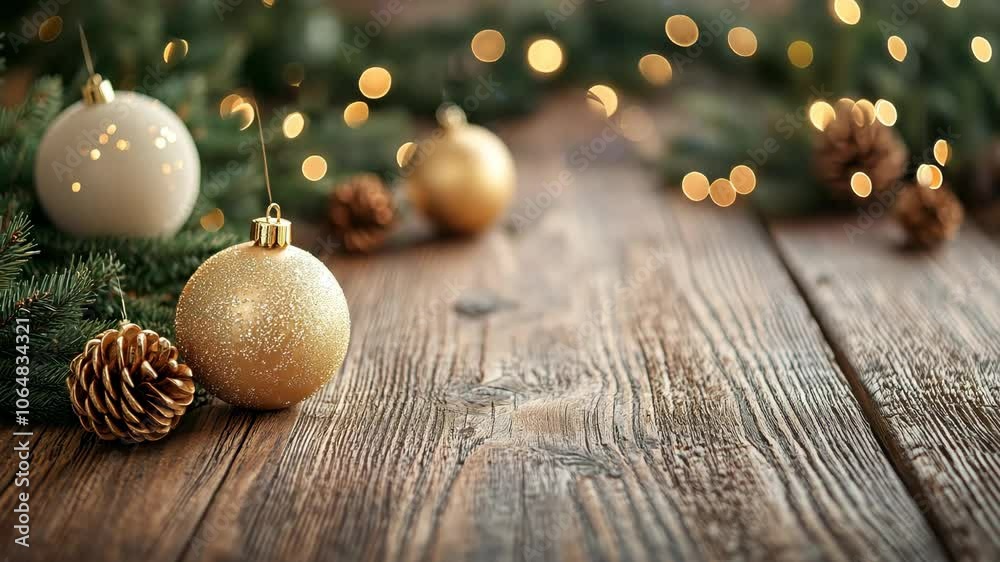 Christmas Wooden board empty table background. abstract blurred theme in winter background. Scandinavian 4k video format