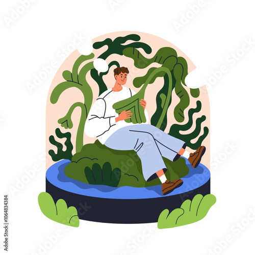Ecology and nature concept. Eco-friendly character among leaf plants and water. Sustainable environment protection. Green conscious living. Flat vector illustration isolated on white background