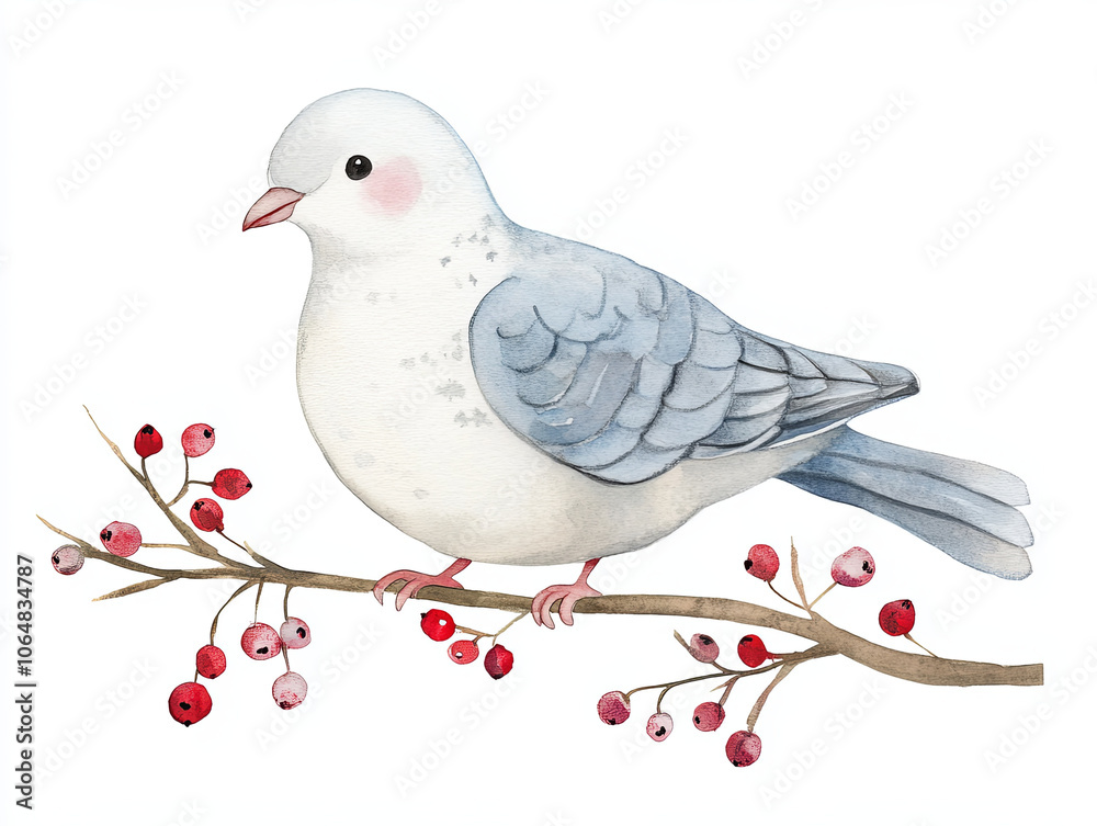 Fototapeta premium cheerful watercolor style winter dove perched on branch with red berries, showcasing soft colors and delicate details. This charming illustration captures essence of winter
