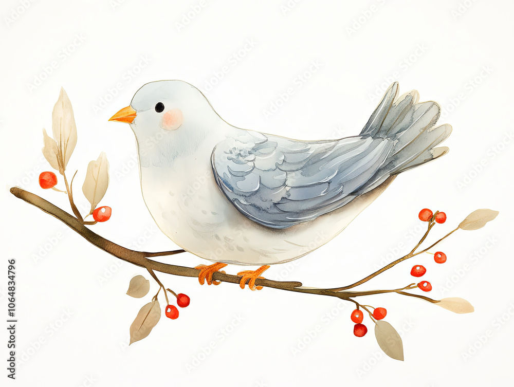 Obraz premium cheerful watercolor style winter dove perched on branch with red berries, showcasing soft colors and delicate details. This charming illustration captures essence of winter