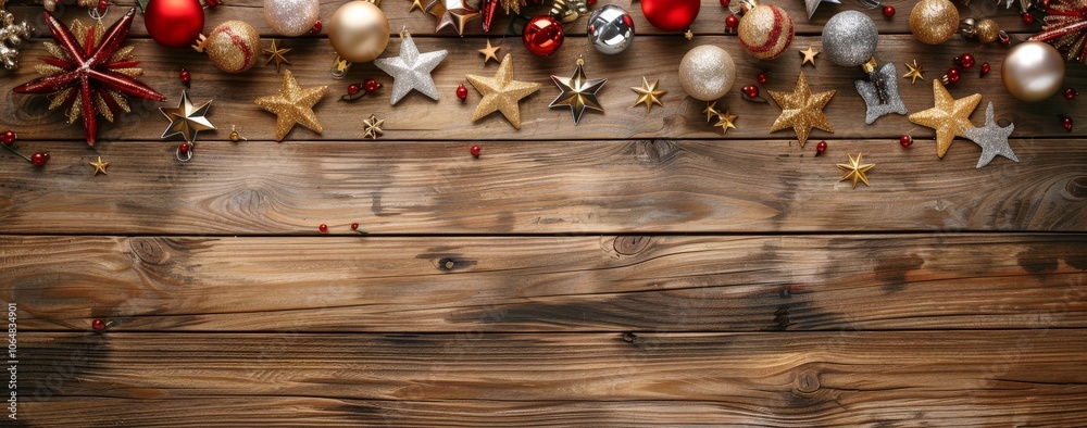 Naklejka premium Christmas Decorations on Wooden Background