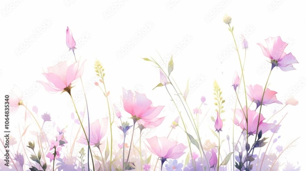 Soft watercolor painting of spring wildflowers in gentle pink and lavender hues isolated on white background minimalistic for greeting cards banners high quality sharp detail and focus Soft watercolor painting of spring wildflowers in gentle pink and lavender hues isolated on white background minimalistic for greeting cards banners high quality sharp detail and focus
