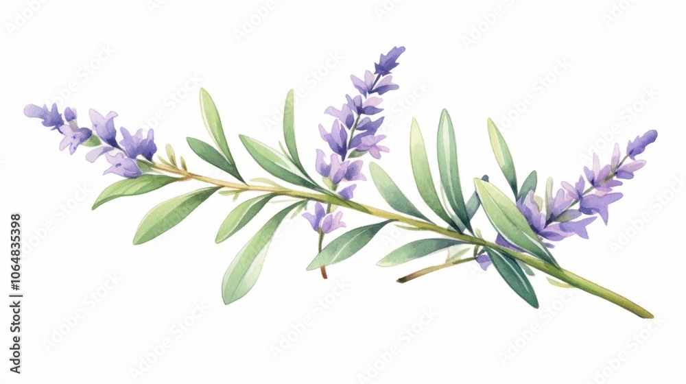 Pastel watercolor of a small sprig of lavender with delicate purple flowers and green leaves isolated on white background minimalistic for greeting cards banners high quality and detail Pastel watercolor of a small sprig of lavender with delicate purple flowers and green leaves isolated on white background minimalistic for greeting cards banners high quality and detail