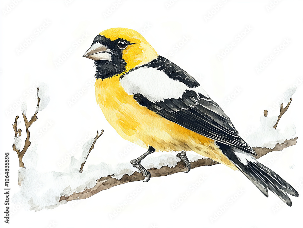 Obraz premium friendly evening grosbeak perched on snowy branch, showcasing its vibrant yellow and black plumage. This watercolor style illustration captures beauty of nature