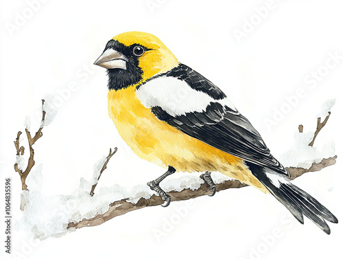 friendly evening grosbeak perched on snowy branch, showcasing its vibrant yellow and black plumage. This watercolor style illustration captures beauty of nature