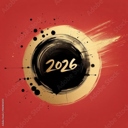 2026 New Year Gold Circle Brush Stroke on Red Background with Ink Splatter with Generative AI. photo