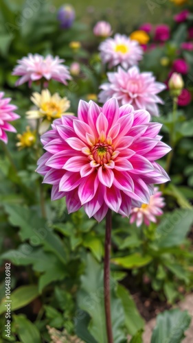 A pink and white dahlia blooms in a garden, surrounded by other flowers