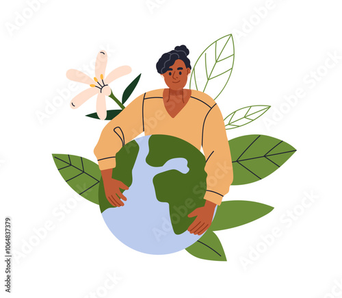 Eco-friendly concept, saving planet. Volunteer embracing, protecting tiny Earth. Environmental and nature conservation, ecology protection. Flat vector illustration isolated on white background