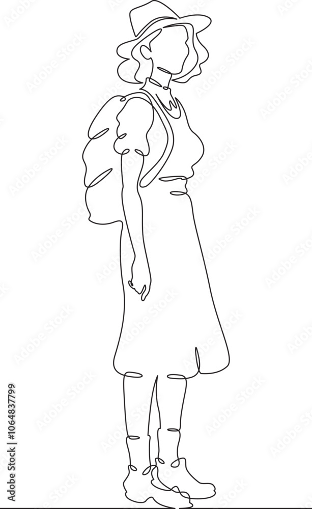 Continuous one line drawing tourist girl with a backpack on a walk. Retro vintage. Young woman in retro clothes. One continuous line isolated minimal vertical illustration. Continuous one line drawing tourist girl with a backpack on a walk. Retro vintage. Young woman in retro clothes. One continuous line isolated minimal vertical illustration.