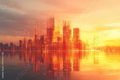 City skyline shimmers in golden sunset reflections over tranquil water body