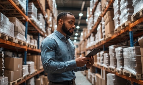 A logistics manager stands in a large warehouse, concentrating on a tablet that displays inventory data, surrounded by shelves filled with packaged goods