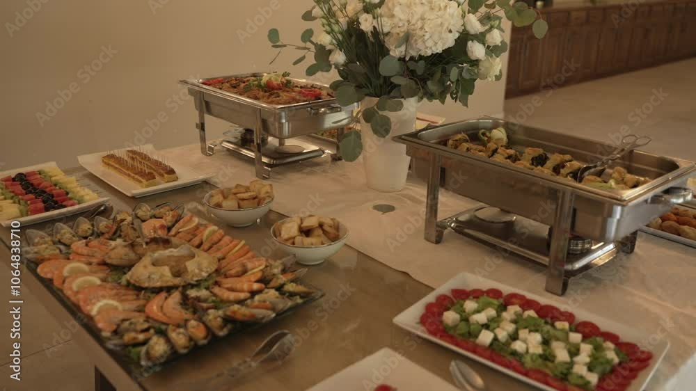 Elegant buffet table with assorted dishes and floral centerpiece for an event Elegant buffet table with assorted dishes and floral centerpiece for an event