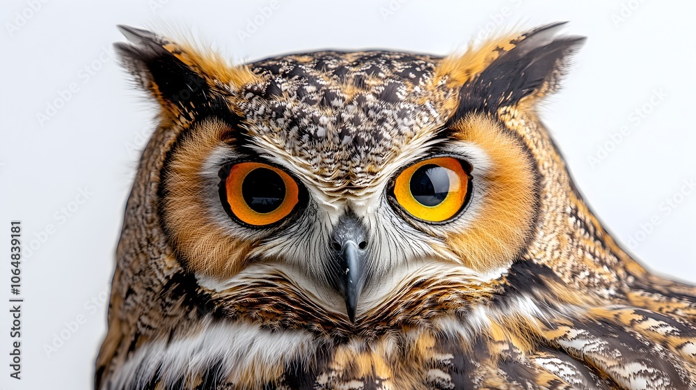 Obraz premium Majestic owl with piercing golden eyes and fierce expression perched on a tree branch in a natural forest environment. Powerful raptor predator of the night,alert and vigilant.