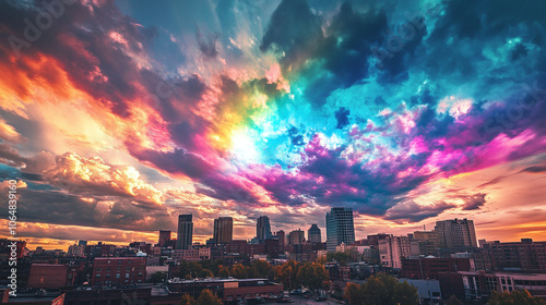 Urban landscape with rainbow clouds above, enticing travelers to explore a modern, colorful, and imaginative city.