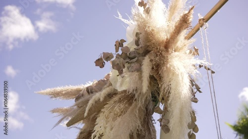 Boho style floral arrangement with pampas grass and dried leaves against a clear sky photo