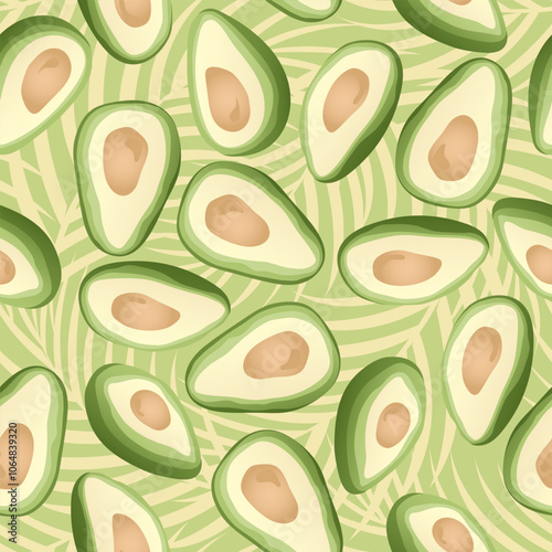 Seamless pattern with hand drawn tropical palm leaves and avocado slice on green background.