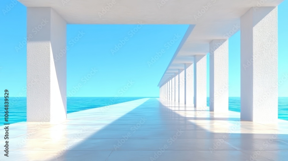 Fototapeta premium Bright architectural walkway extending over tranquil blue waters by the seaside under a clear sky with sunlight reflections