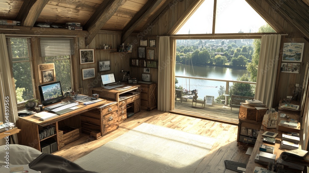 Rustic Cabin Office with Lake View Wood Desk and Natural Light Rustic Cabin Office with Lake View Wood Desk and Natural Light