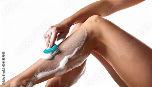 Shaving women's female legs full of soap