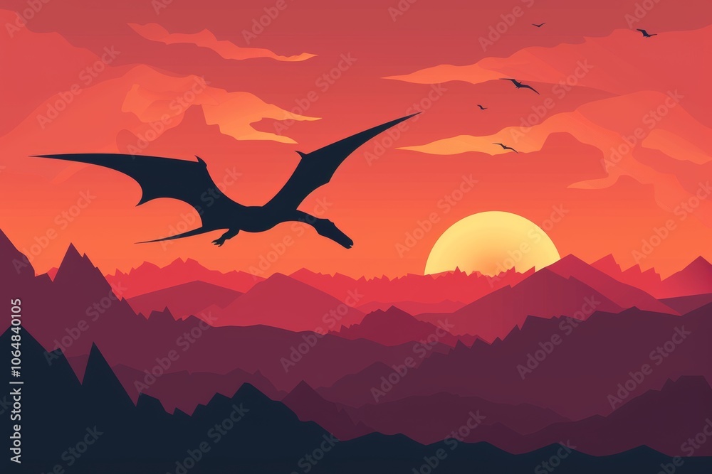 Naklejka premium Majestic dragon silhouette against vibrant sunset mountains