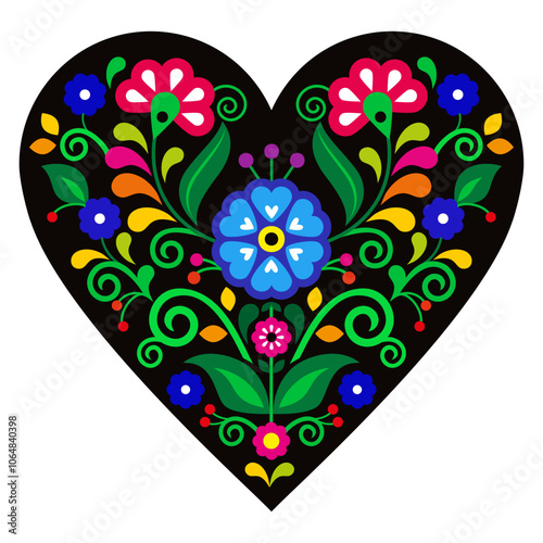 Mexican vector heart design with flowers - folk art style perfect for greeting card or wedding invitation. Non AI-generated