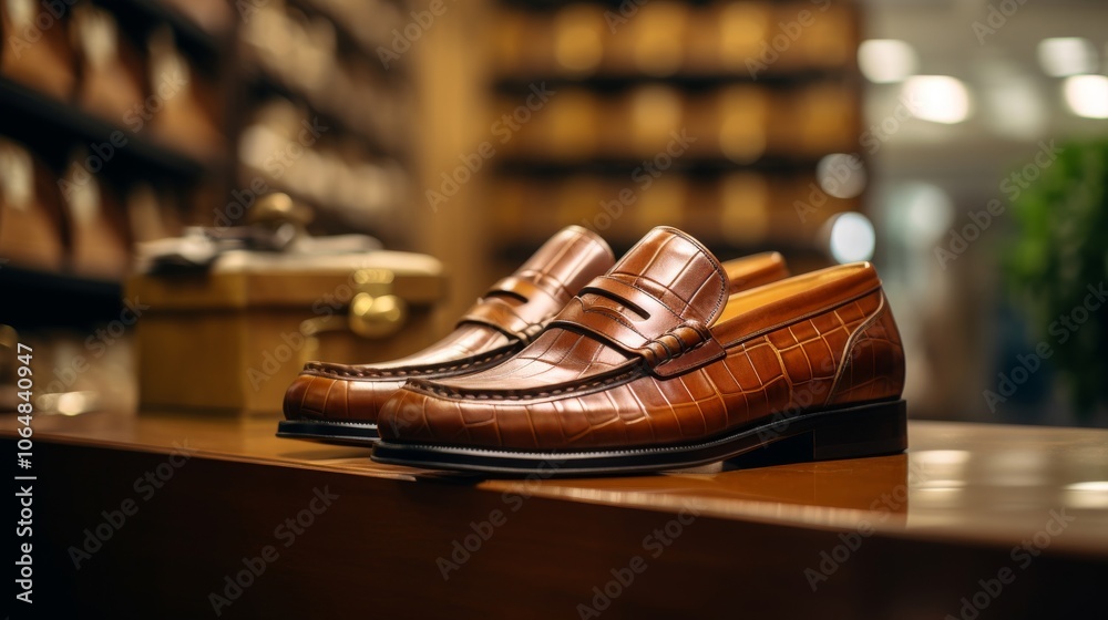 Elegant shoe photography highlighting the fine craftsmanship of Italian leather loafers in a luxurious boutique setting. Elegant shoe photography highlighting the fine craftsmanship of Italian leather loafers in a luxurious boutique setting.