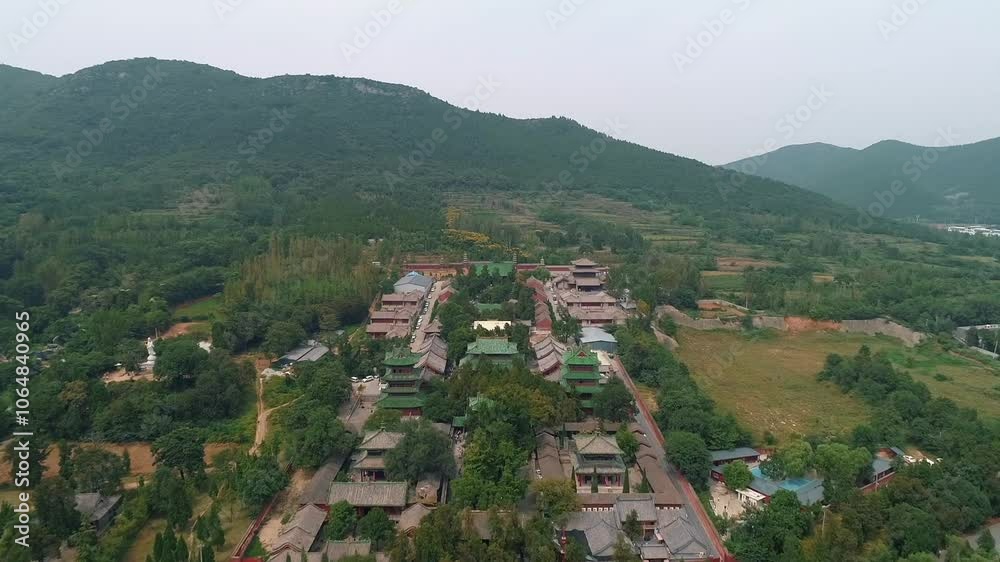 Aerial drone view of Shaolin temple in Henan Province, China, Asia. Pagoda Forest at Shaolin Temple in China Asia. Shaolin Monastery from drone. Aerial drone view of Shaolin temple in Henan Province, China, Asia. Pagoda Forest at Shaolin Temple in China Asia. Shaolin Monastery from drone.