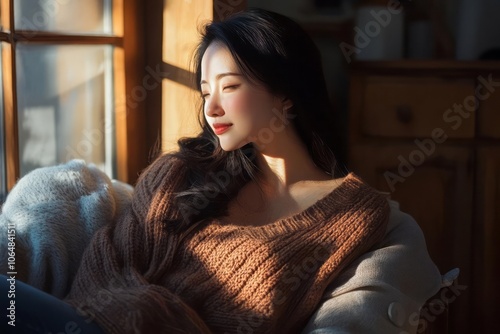 Portrait of an Asian pregnant woman with light and shadow, creating a warm and cozy relaxing atmosphere.