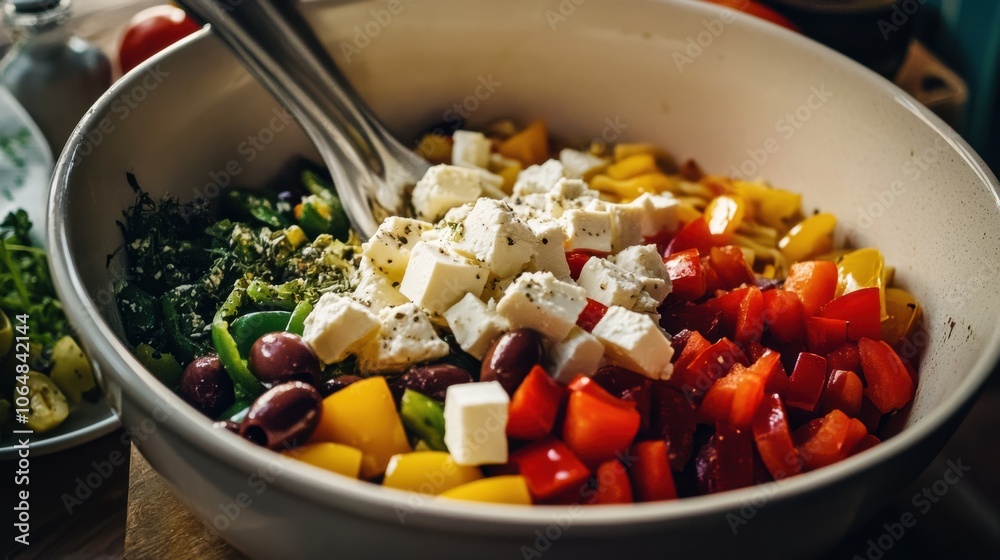 Diced feta cheese being added to a Mediterranean-style
