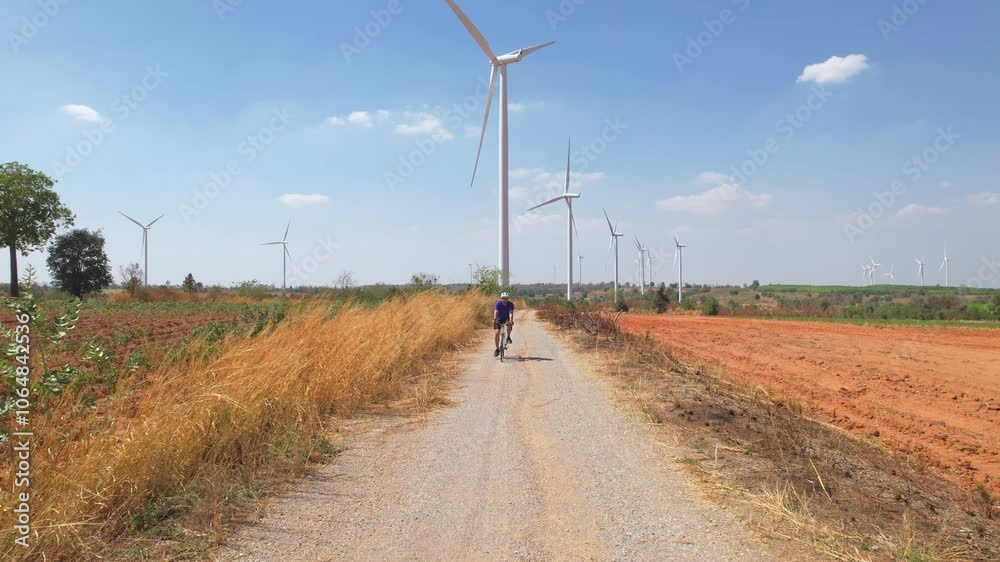 Drone view of active sportsman riding bicycle at the wind turbine field. Drone view of active sportsman riding bicycle at the wind turbine field.