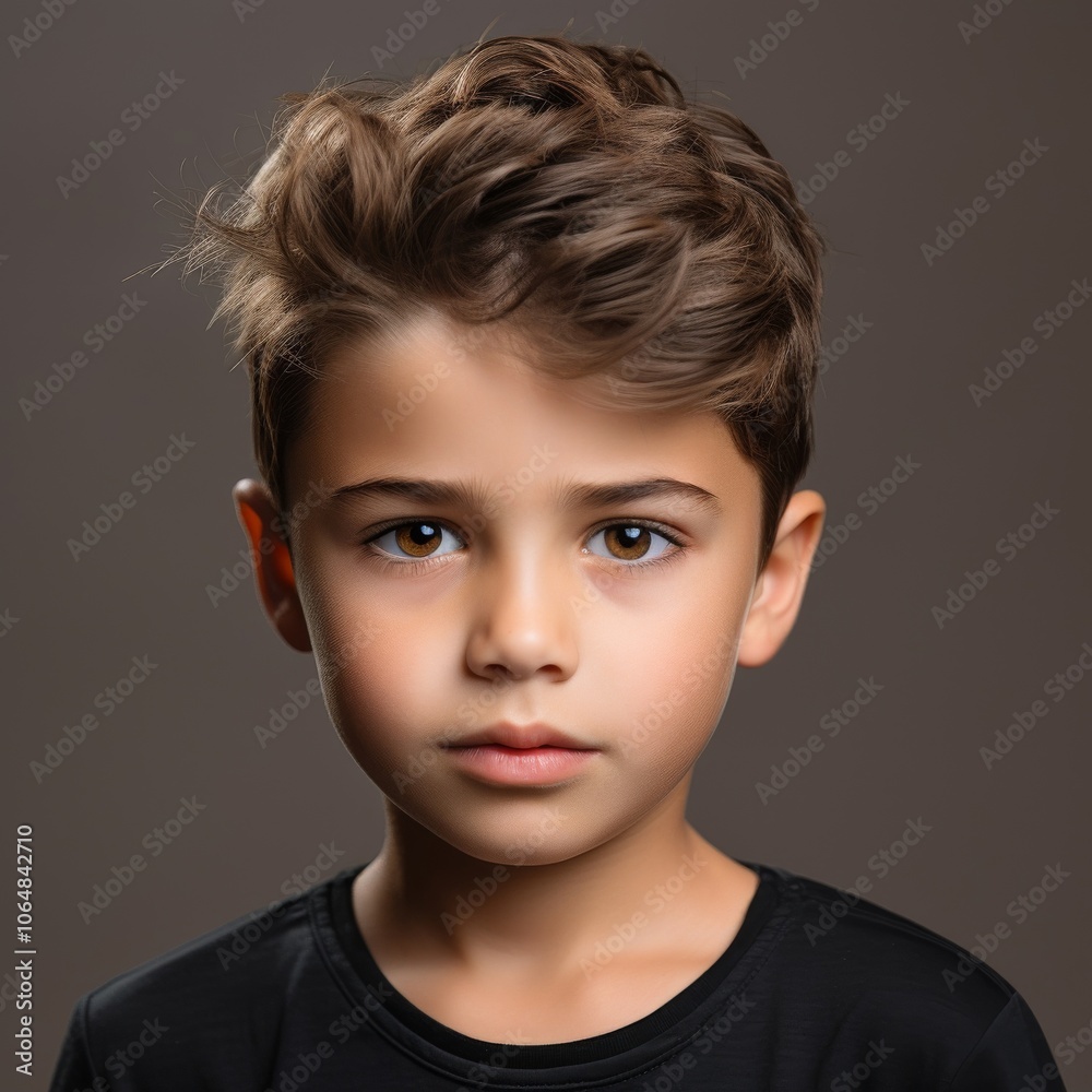 Focused Boy with Determined Expression in Casual Outfit Against a Colorful Studio Background Focused Boy with Determined Expression in Casual Outfit Against a Colorful Studio Background