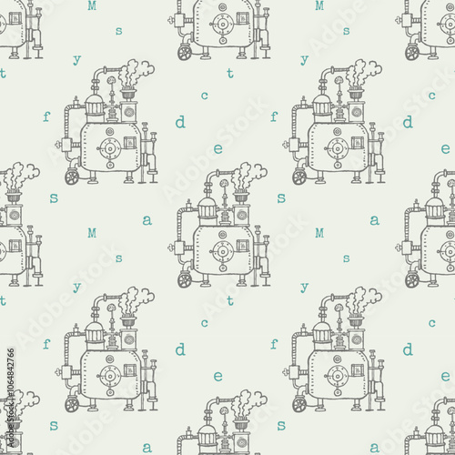 Seamless pattern with drawings of unrealistic fancy steam engines in steampunk style.