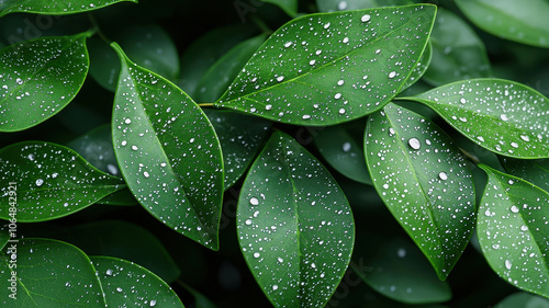 Fresh green leaves with dew drops glistening in sunlight