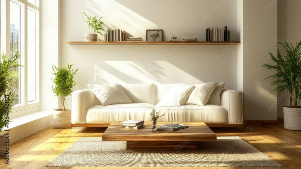 Minimalist home decor in a living room with a white sofa, Minimalist home decor in a living room with a white sofa,